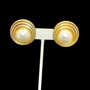 Vintage SC D'or Chunky Gold Tone Faux Pearl Shoe Clips Signed (2230)